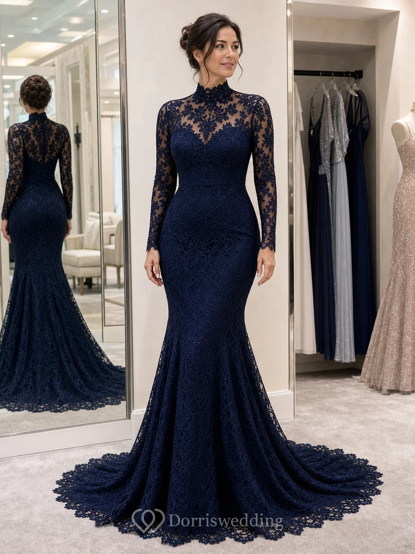 Schwarzes Meerjungfrauen-Hochzeitskleid aus Spitze mit hohem Kragen und langen Ärmeln view 8