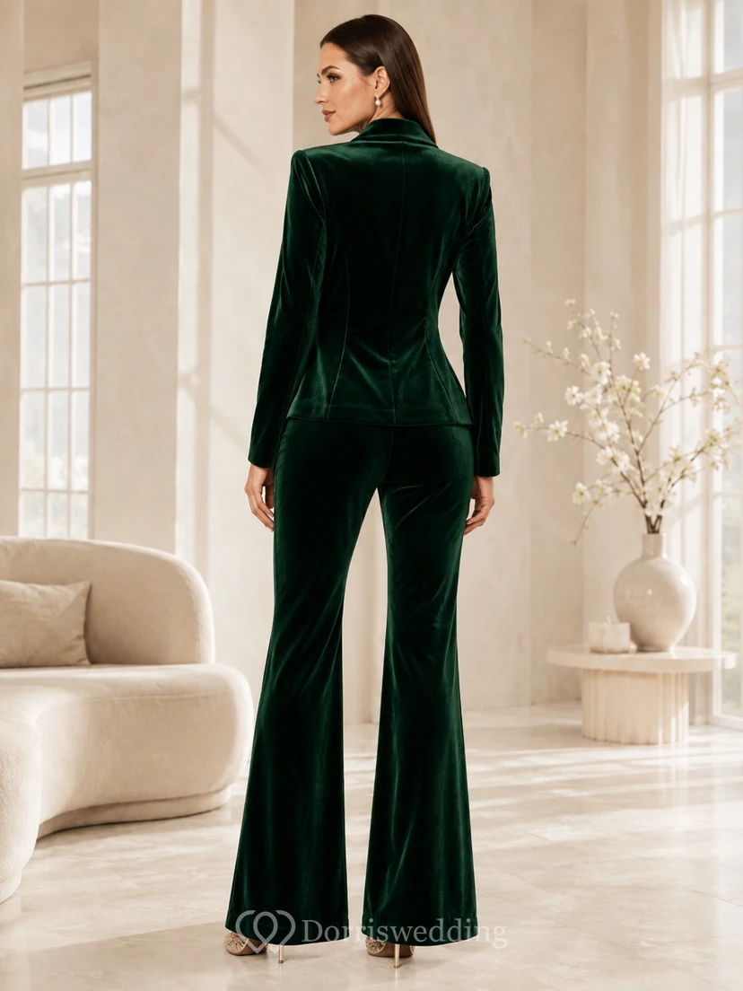 Emerald Dark-Green Notched V-Neck Long-Sleeve Velvet Wide-Leg Brooch Formal Mother Evening Jumpsuit view 2
