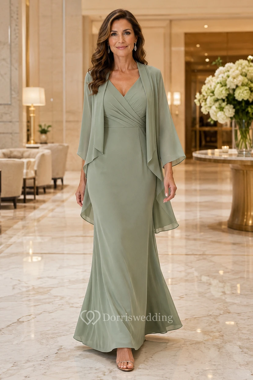 Sage Chiffon Mother Dress with V-Neck and Cape Overlay
