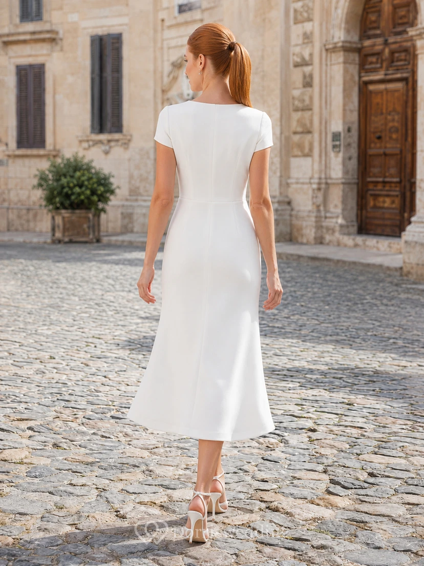 Civil V-Neck Short Sleeve Sheath Midi Wedding Dress view 2