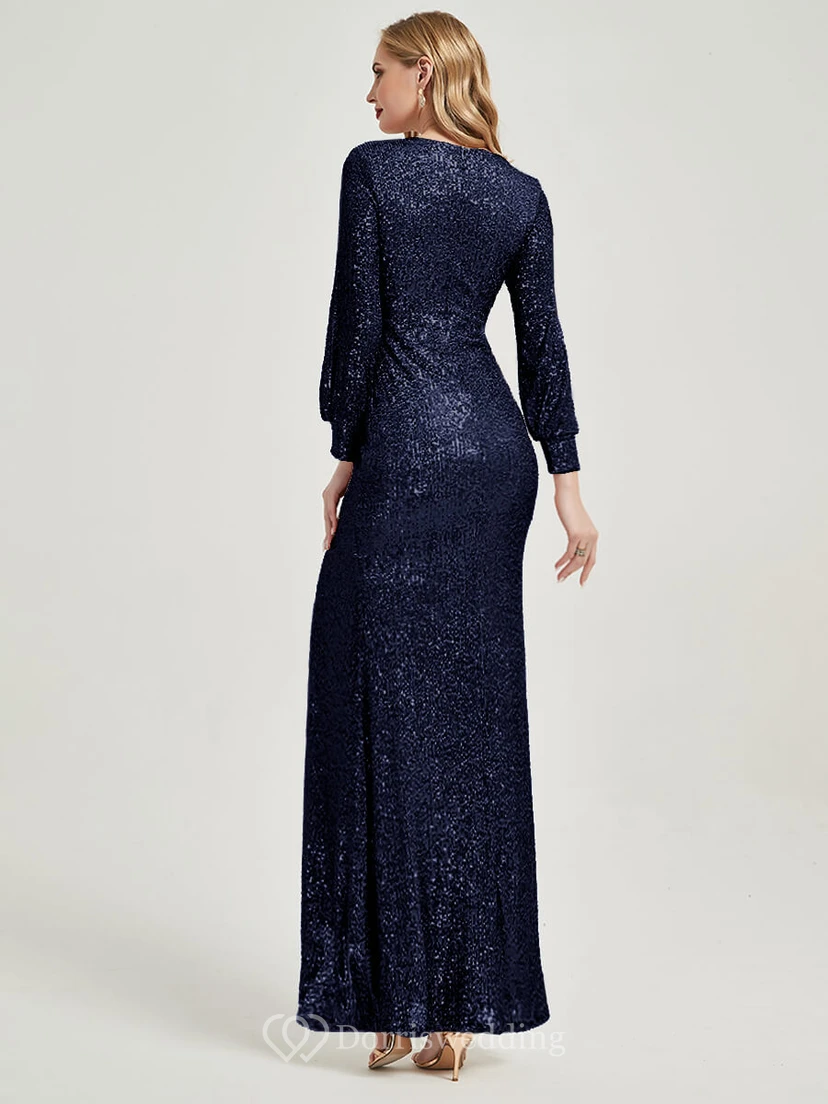 Sequin Navy Blue Long Sleeve Sexy Front Split MOB Dress view 2
