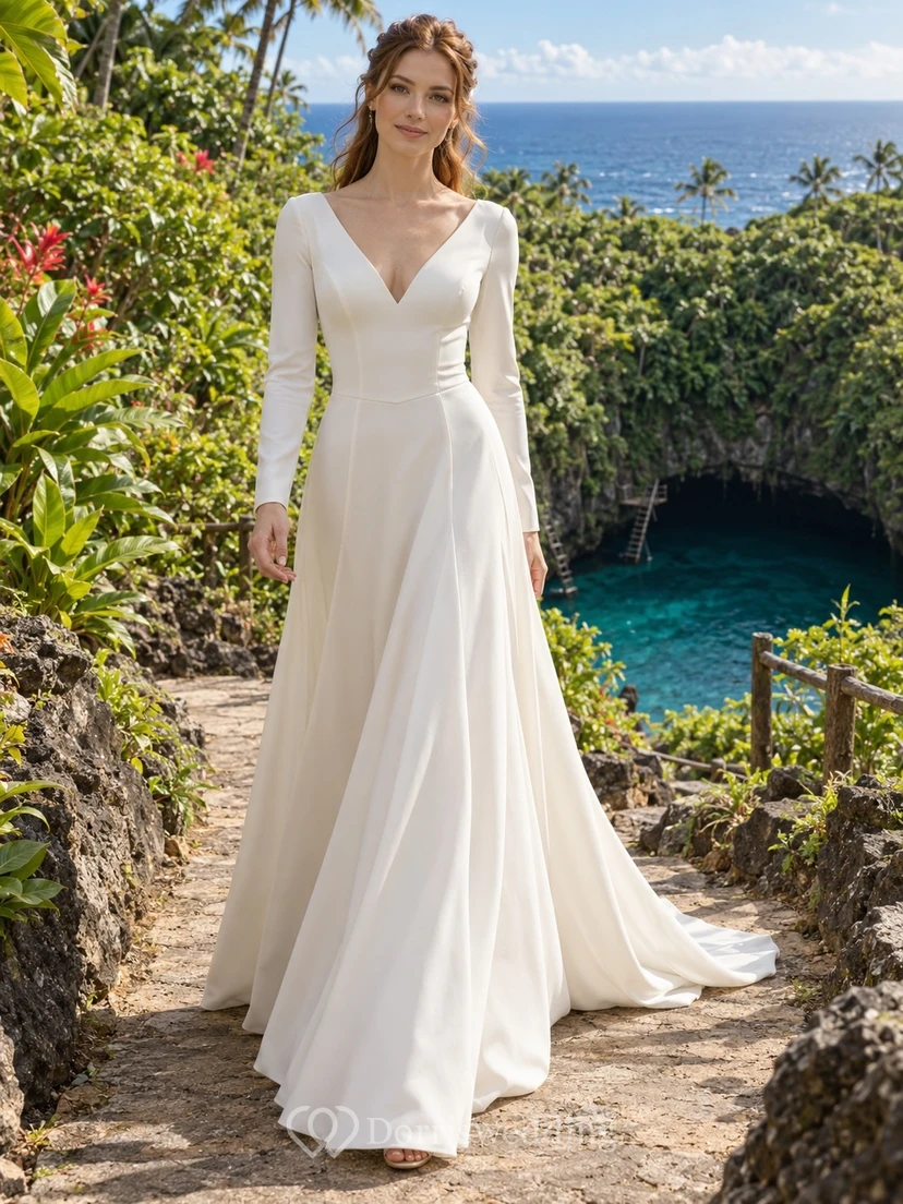 Schlichtes, langärmeliges, drapiertes Etuikleid mit V-Ausschnitt für Braut und Hochzeit