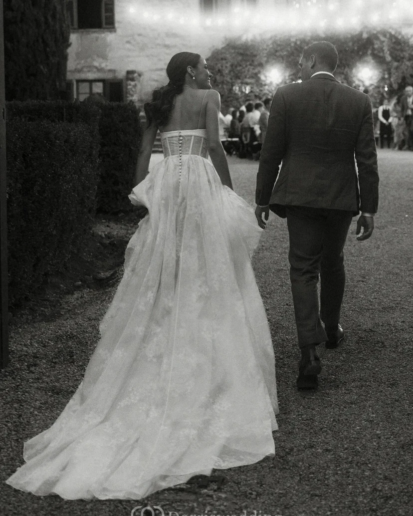 Modern Corset-Style A-Line Wedding Dress with Lace Overlay view 4