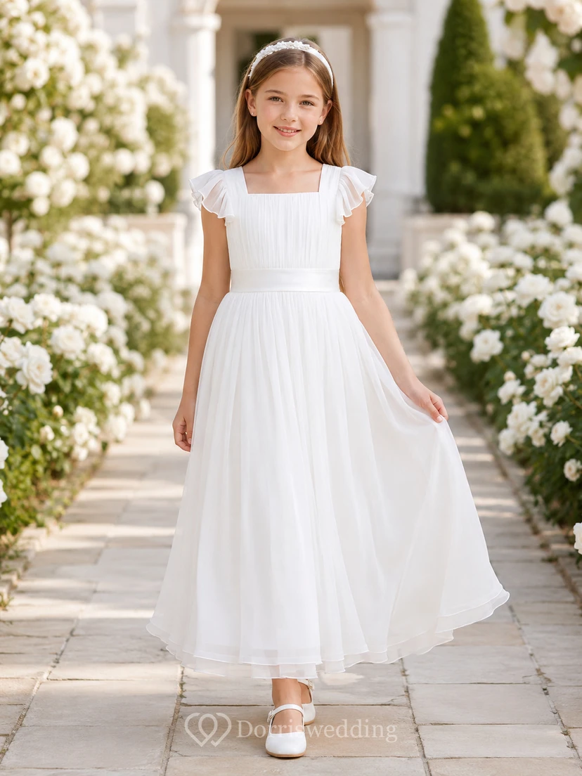 Vestido de té de tul para niña de las flores con cuello cuadrado y mangas con volantes para comunión.