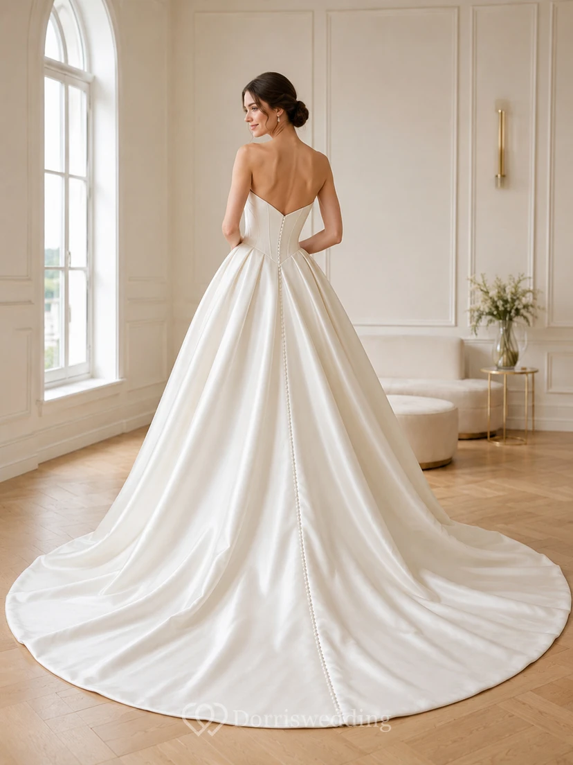 Robe de mariée classique en satin, bustier cœur, traîne chapelle, plis structurés, fermeture éclair au dos view 2