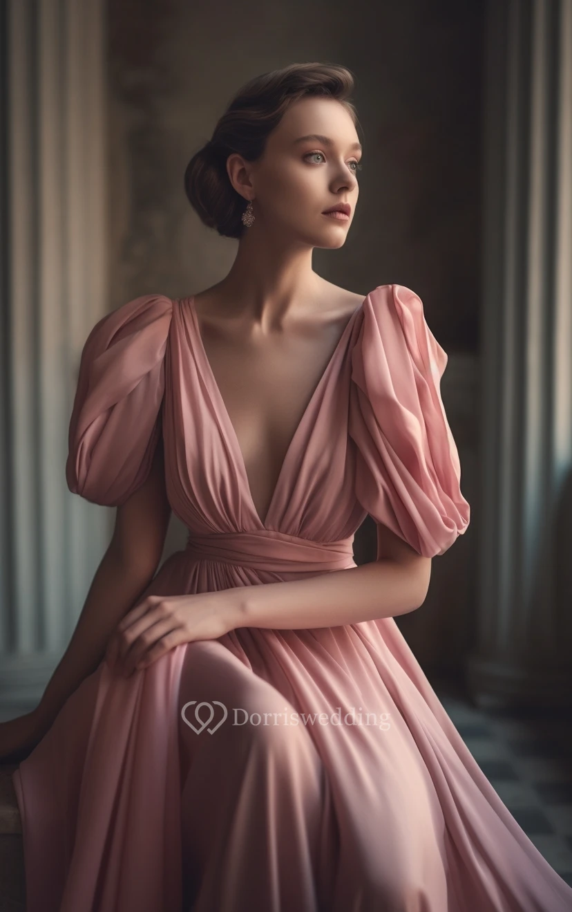 Vestido de dama de honor de gasa plisada de manga larga con escote pronunciado y falda abullonada, color rosa empolvado. view 4