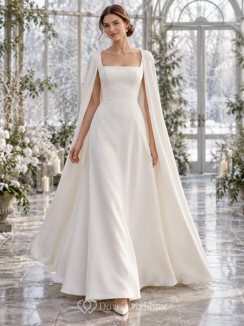 Simple Square Neck A-line Winter Wedding Draped Cape Dress