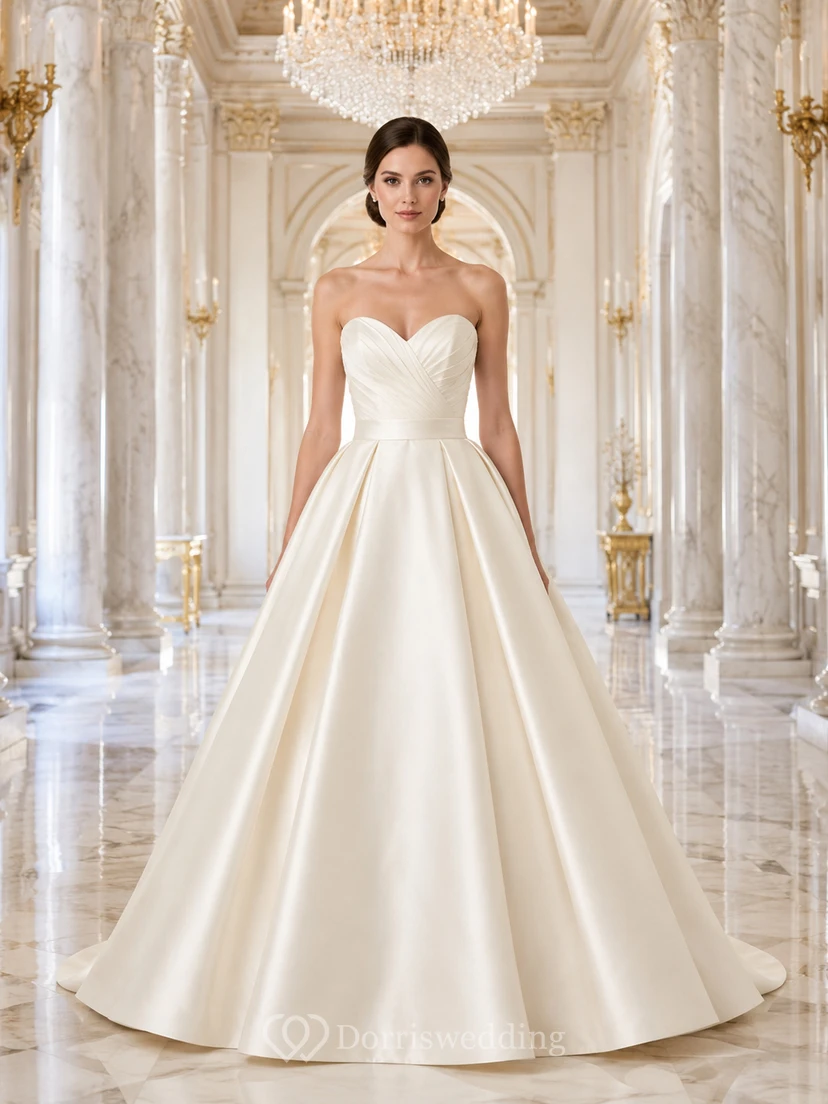 Strapless Sweetheart Satin Cathedral Ball Gown Wedding Dress