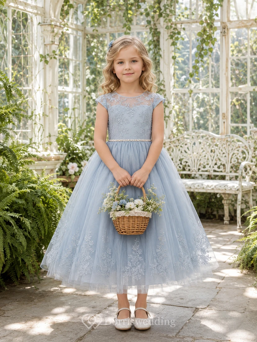 Modest A-Line Flower Girl Dress with Jewel Neck Cap Sleeves Sky Blue Lace Tulle Greenhouse Celebration