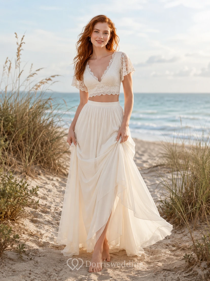 Ensemble de mariée en mousseline Dune, top court à manches courtes en dentelle