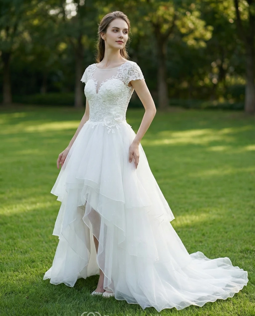 Robe de mariée à manches t-shirt asymétriques et effet illusion
