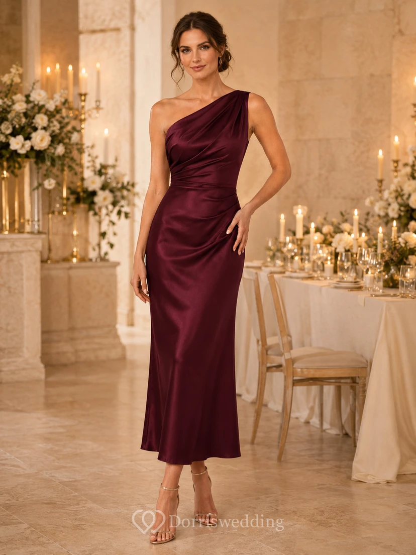Vestido de fiesta de satén drapeado de un solo hombro color burdeos, corte tubo hasta el tobillo.