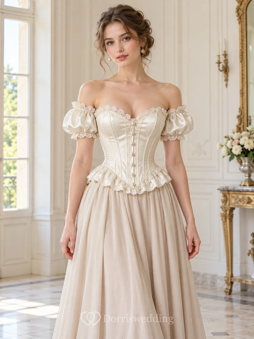 Corset vintage victorien ivoire à épaules dénudées et manches bouffantes, à volants et corset