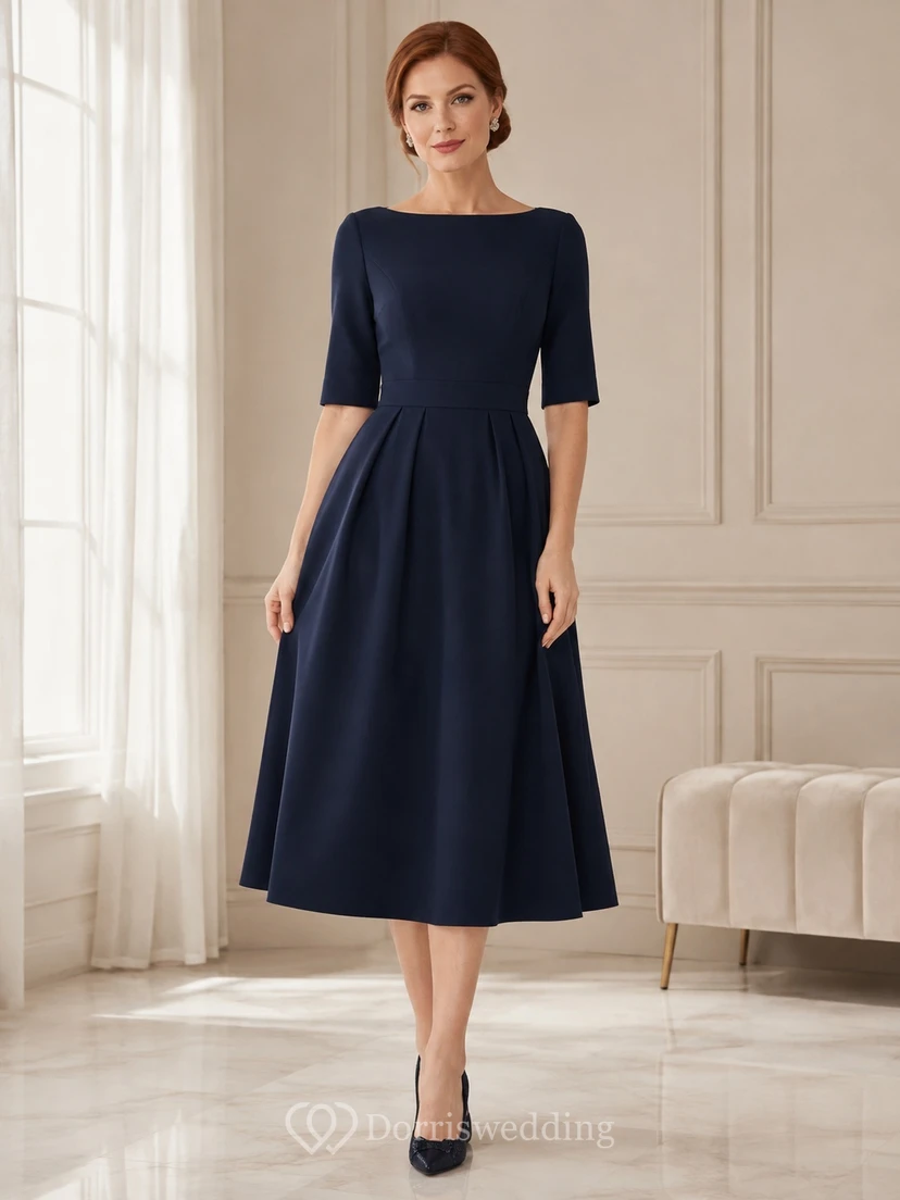 Dark Navy Modest Half Sleeve Bateau Satin Tea-Length A-Line Cocktail Guest Dress