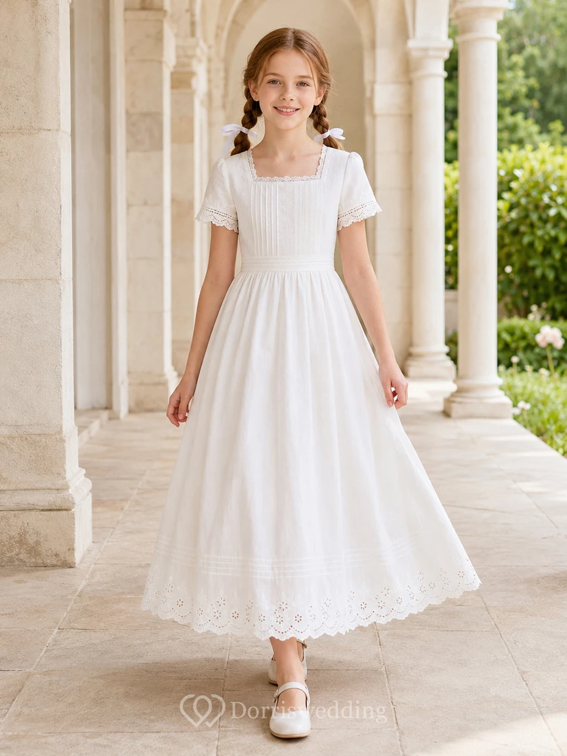 Robe de communion en coton plissée à col rond et manches papillon, longueur cheville