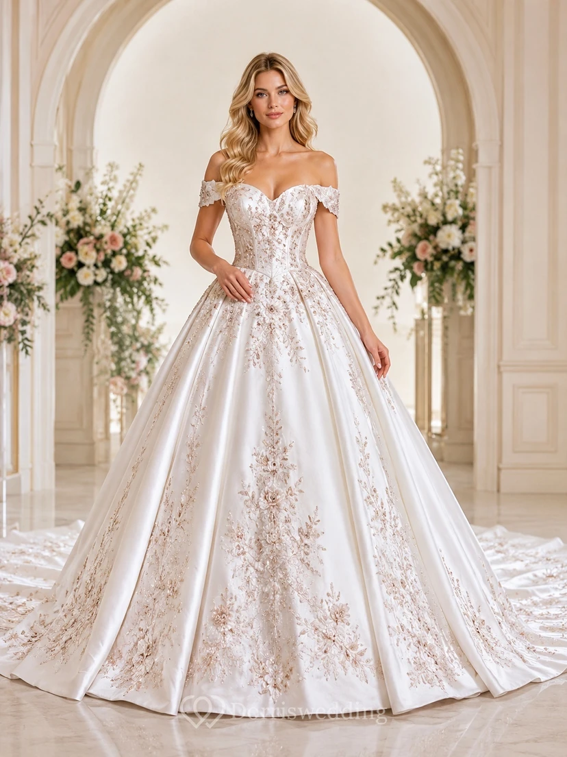 Brautkleid im Ballkleid-Stil in Roségold mit Blütenblattmuster, schulterfrei, kurzen Ärmeln und bodenlanger Kathedralenschleppe – ein luxuriöses Kleid