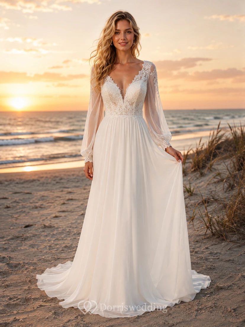 Fall Beach V-Neck Lace Sleeve A-Line Wedding Dress