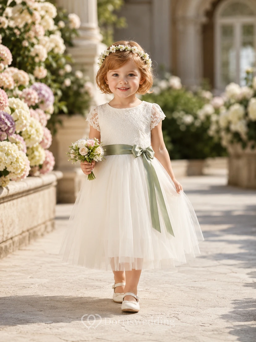 Blumenmädchenkleid aus elfenbeinfarbenem Tüll, A-Linie, Rundhalsausschnitt, Teelänge, Schleifendetail