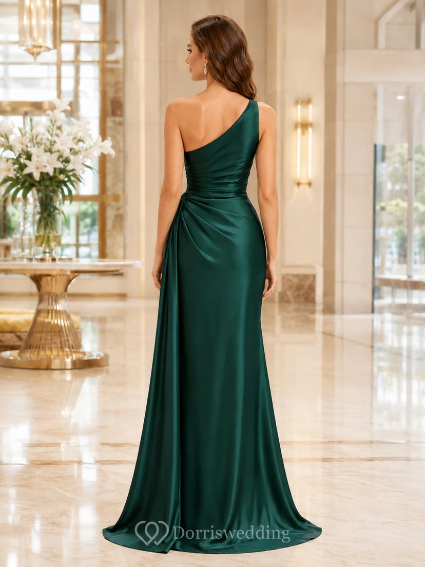 Smaragdgrünes, bodenlanges, ärmelloses, sexy Abendkleid aus Satin mit Schlitz und One-Shoulder-Ausschnitt view 2
