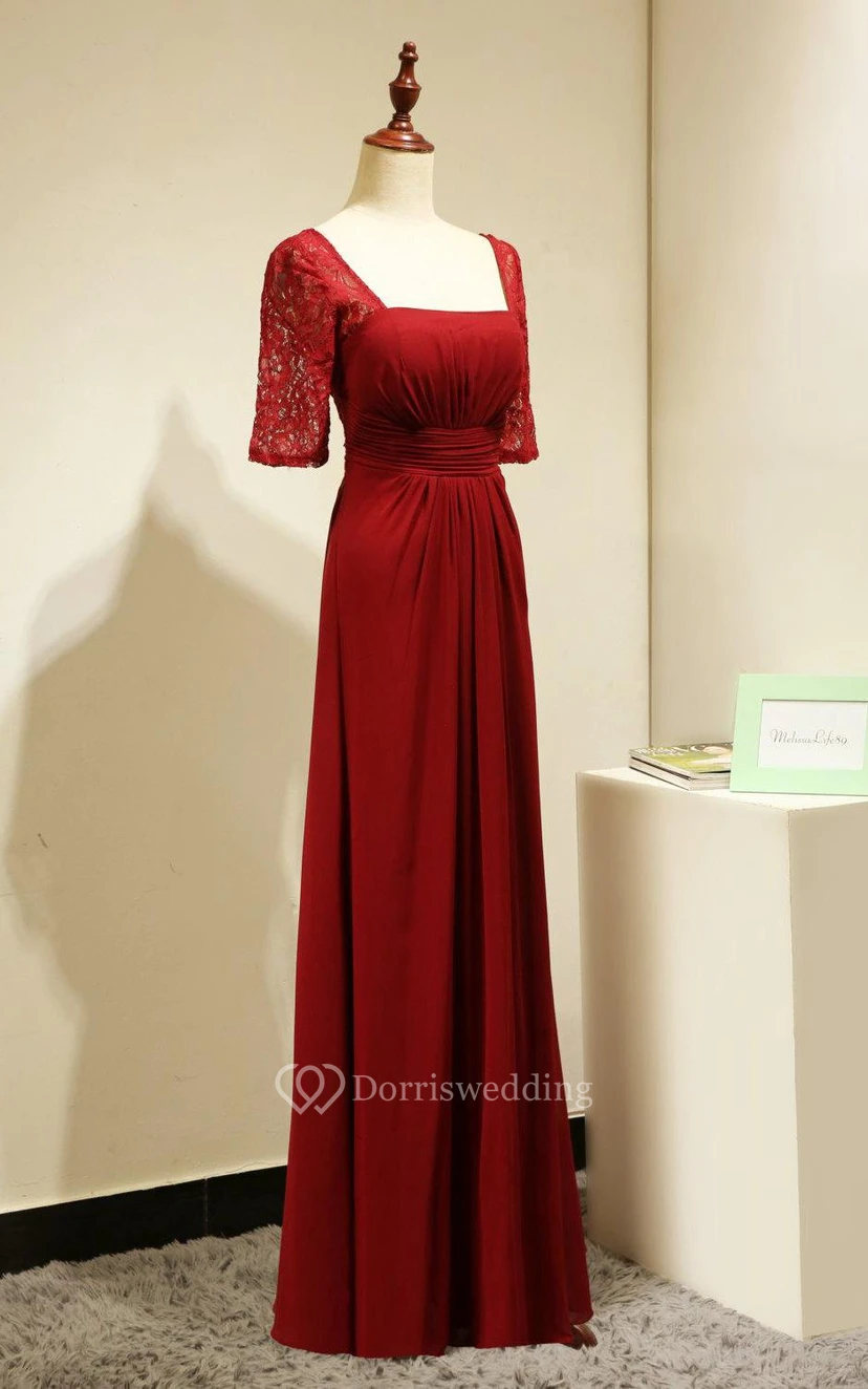 Backless Lace Half Sleeve Pleated A-line Chiffon Long Dress Red view 3