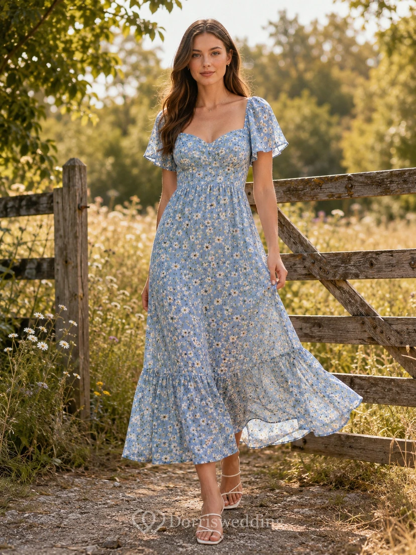Blue Puff Sleeve Meadow Floral A Line Midi Dress