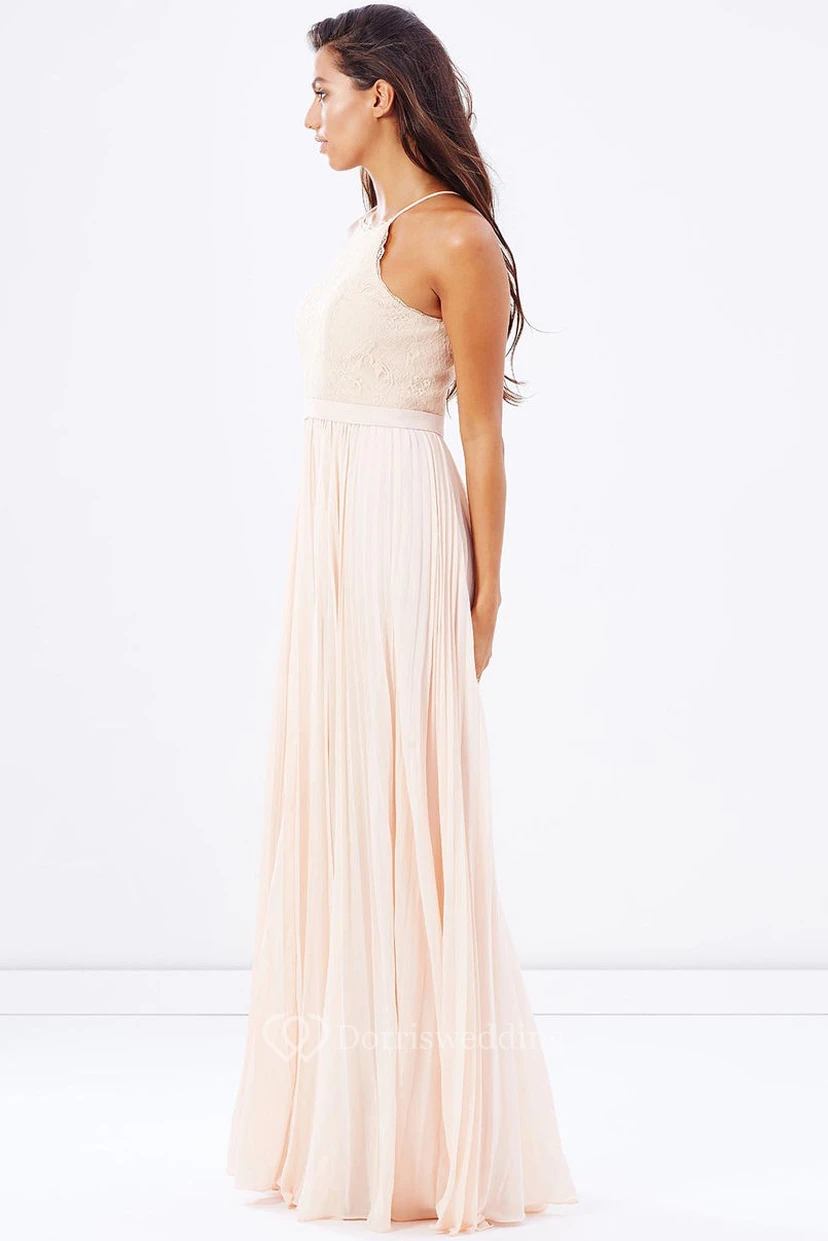 Ärmelloses, plissiertes Spaghetti-Chiffon-Brautjungfernkleid mit Spitze und Bändern view 3