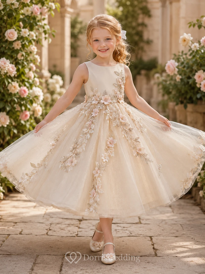 A-Line Couture Flower Girl Dress with Sleeveless Bodice, Radiating Hand Appliques, Full Tulle Skirt, Beaded Waist, Couture Style
