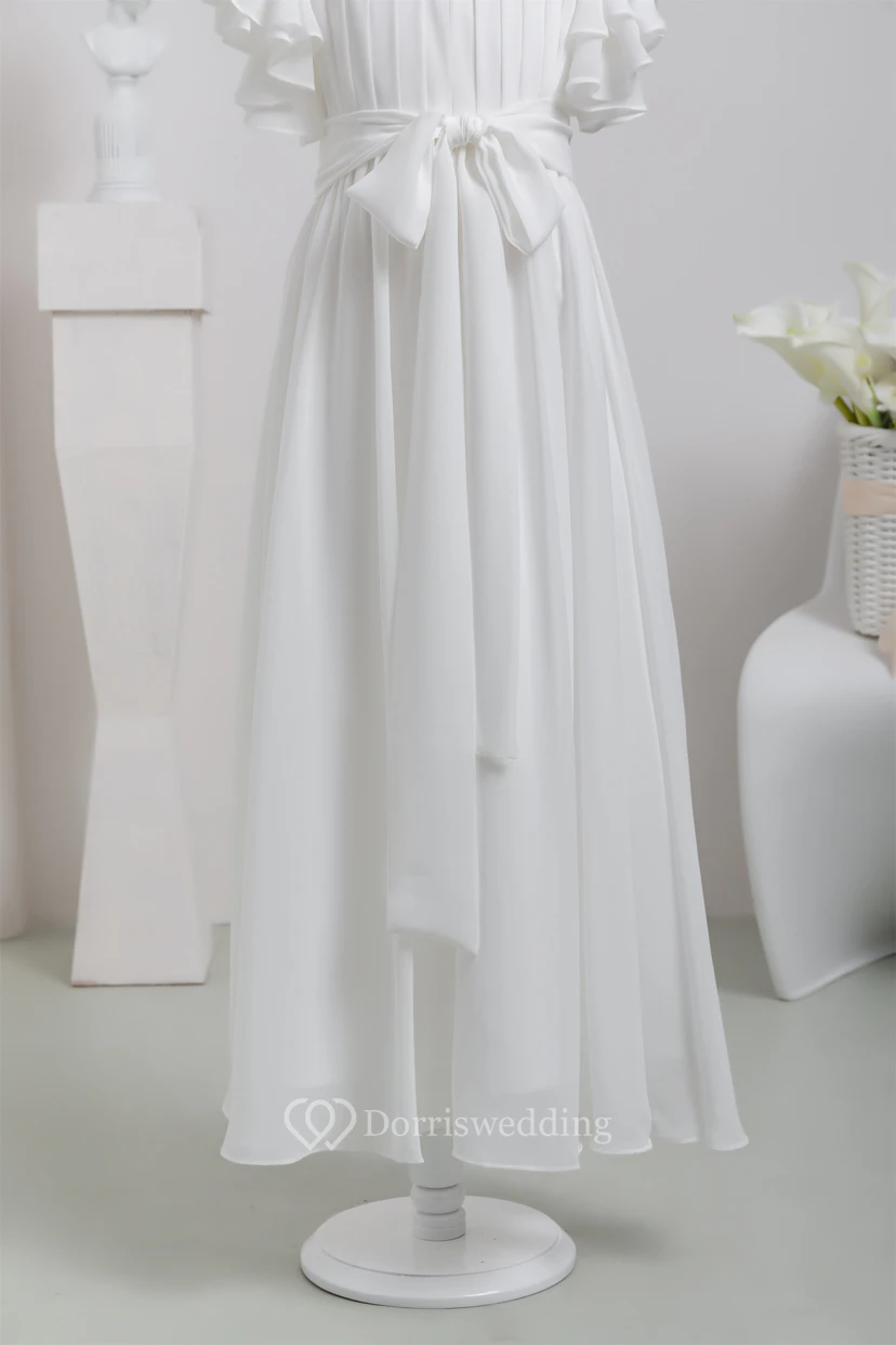 White First Communion Bowed Chiffon Flowergirl Dress with Ruffled Sleeve view 7