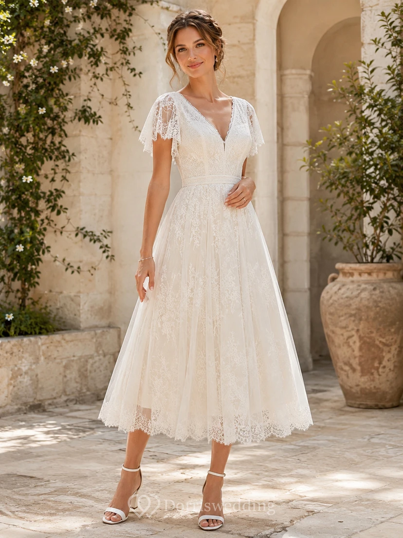 Vestido de novia bohemio de encaje con escote en V, mangas con volantes y largo hasta la rodilla, ideal para bodas campestres en jardines.