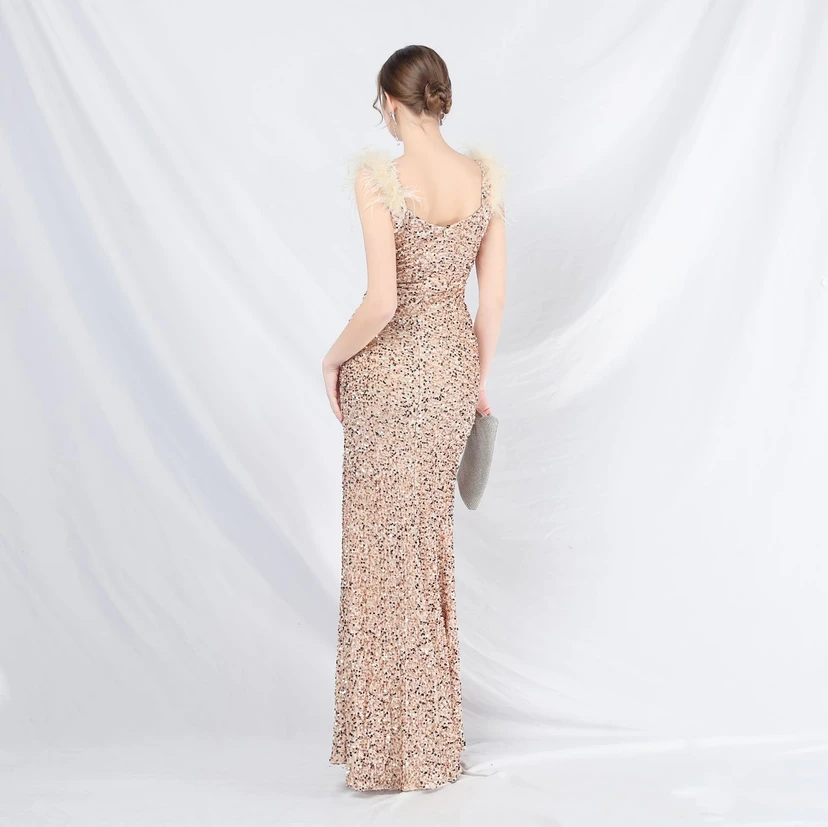 Craft Beaded Ostrich Feather Plush Sequined Long Evening Dress view 15