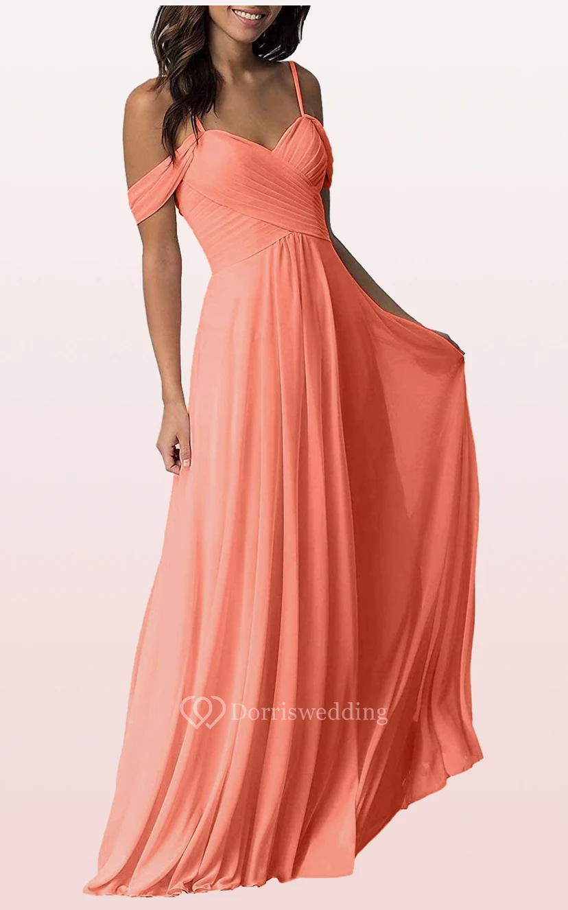 Off-the-shoulder A Line Sleeveless Floor-length Chiffon Bridesmaid Dress With Ruching view 9