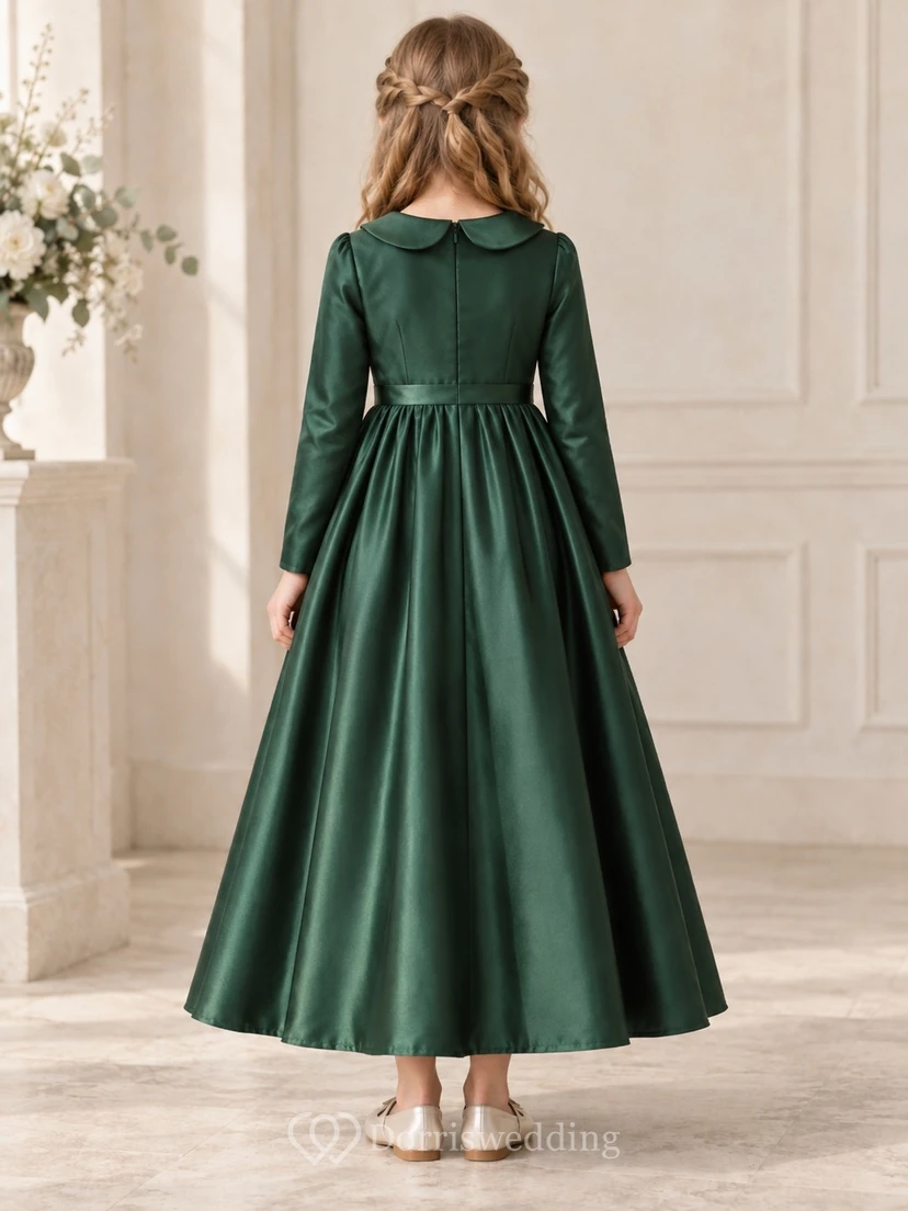 Waldgrünes, knöchellanges Blumenmädchenkleid aus Satin mit langen Ärmeln und Abnähern view 2