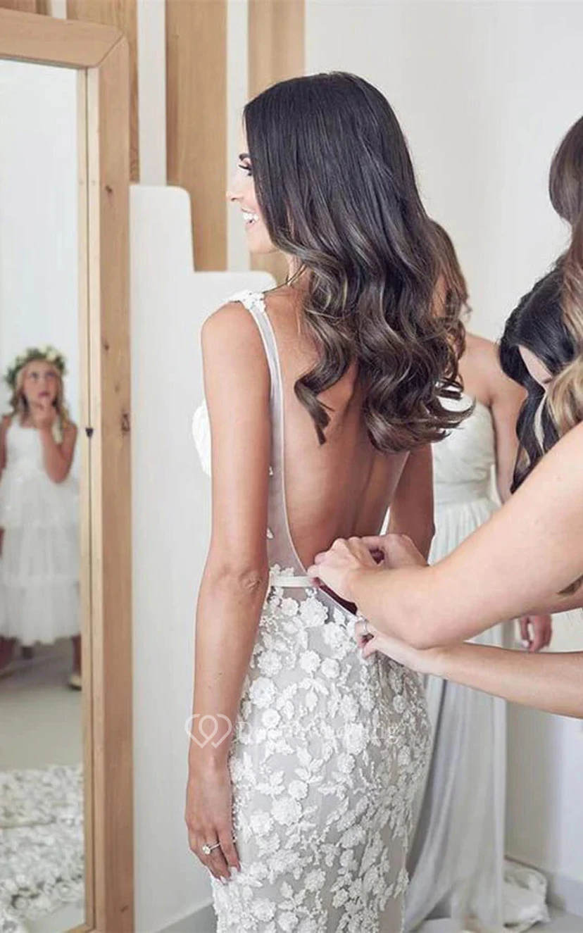 Sheath V-neck Plunged Backless Lace Applique Wedding Dress with Court Train view 2