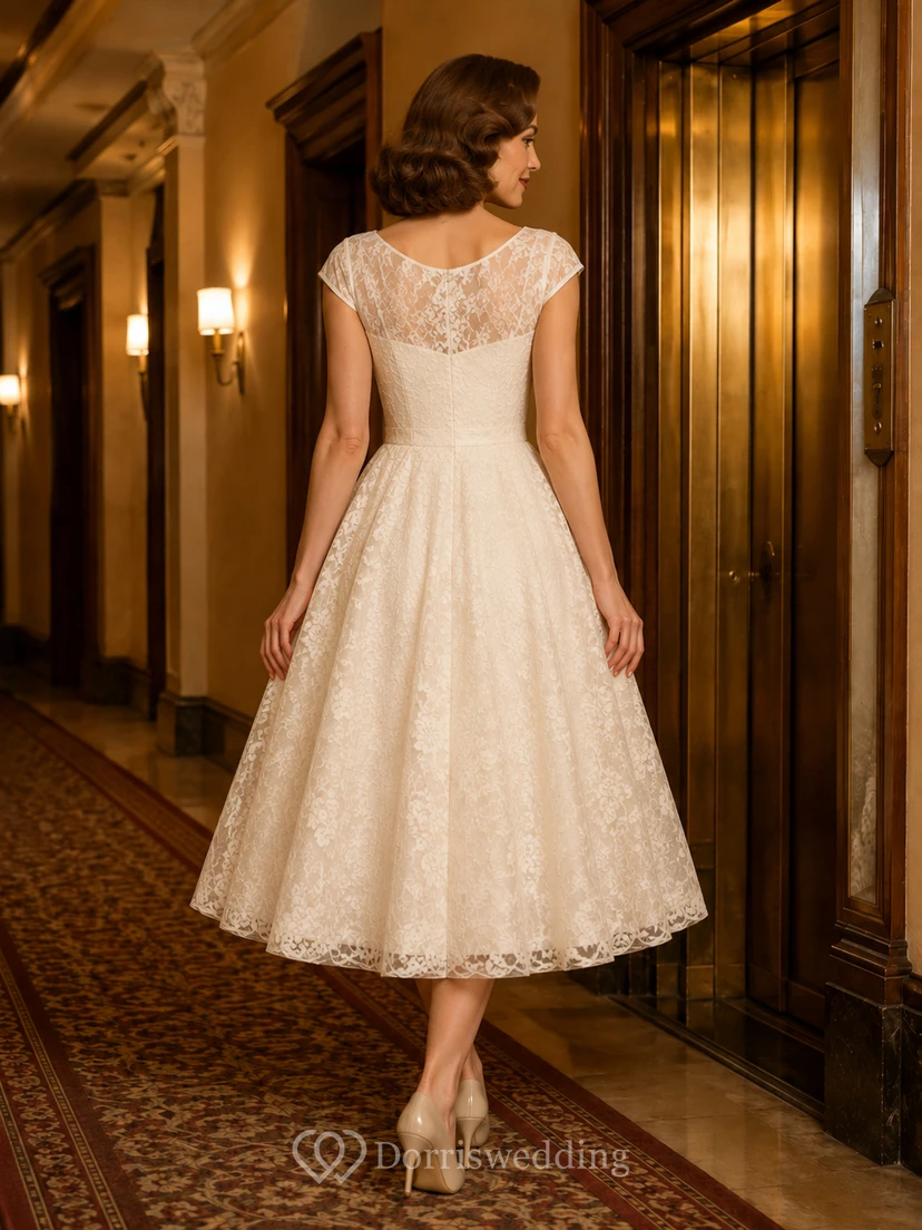 Vestido de novia vintage de encaje con mangas cortas y largo hasta la rodilla para fugarse a un hotel. view 2