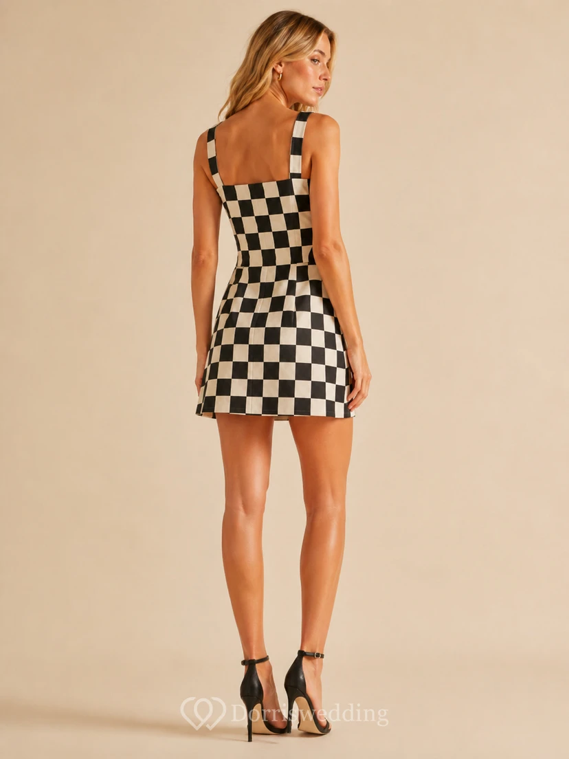 Black Checkerboard Print Square Neck Mini Party Dress view 2