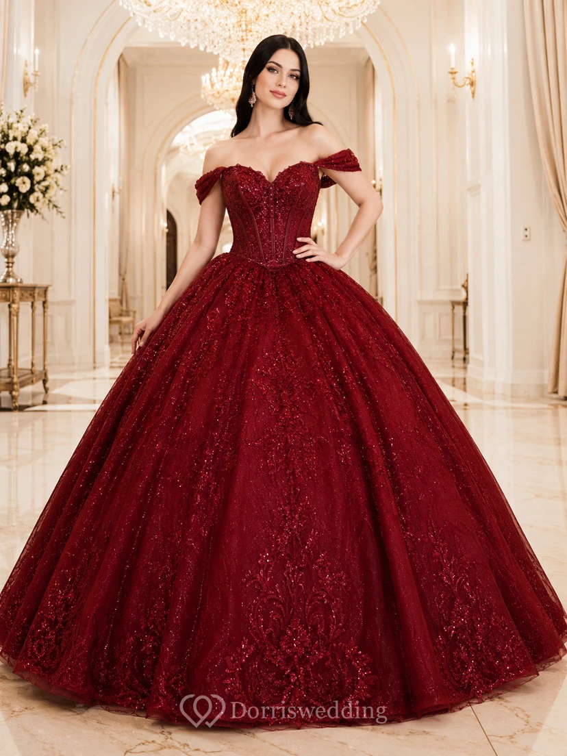 Lujoso vestido de fiesta largo hasta el suelo de tul con encaje floral y hombros descubiertos color borgoña para quinceañera