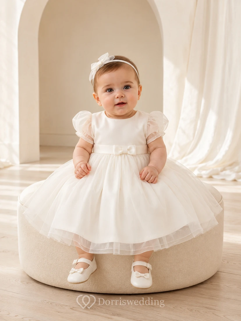 Modern Baby Baptism Christening Ceremony Dress A-Line Knee-Length Jewel Neck Puff Sleeve Tulle Bow Back Button Back