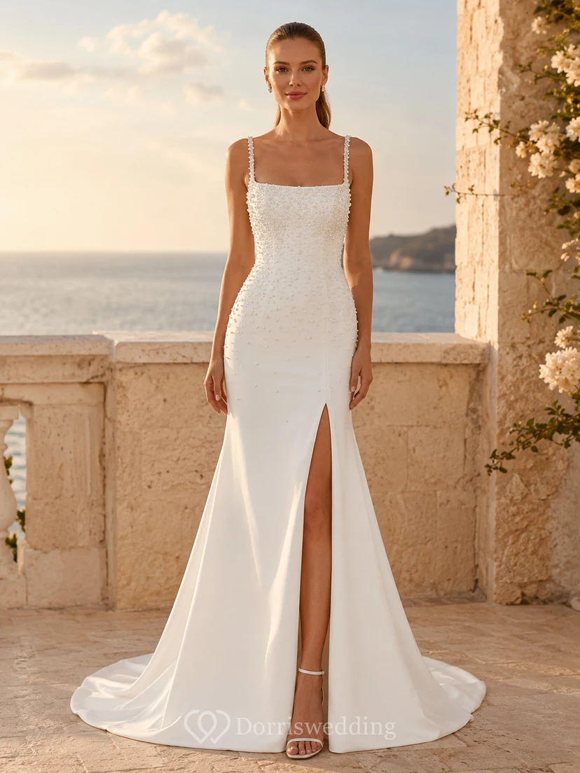 Vestido de novia de satén, corte recto, escote cuadrado, sin mangas, cola larga con abertura y espalda en V baja.