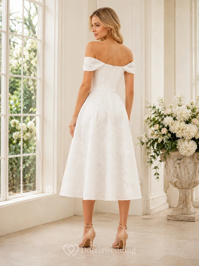 White Woven Jacquard Off-Shoulder A-Line Tea-Length Simple Guest Dress view 2