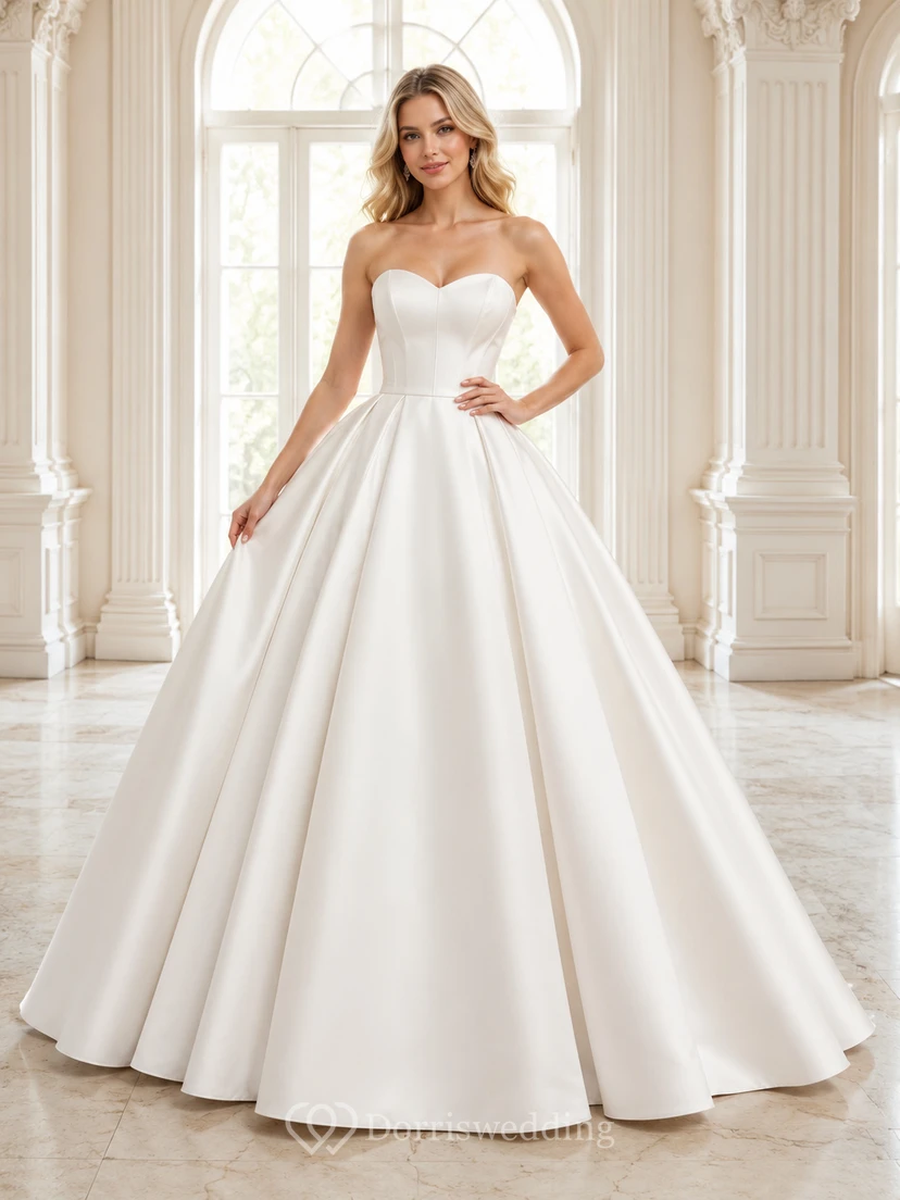White Minimalist Strapless Sweetheart Clean Mikado Satin Quinceanera Princess Formal Ball Gown
