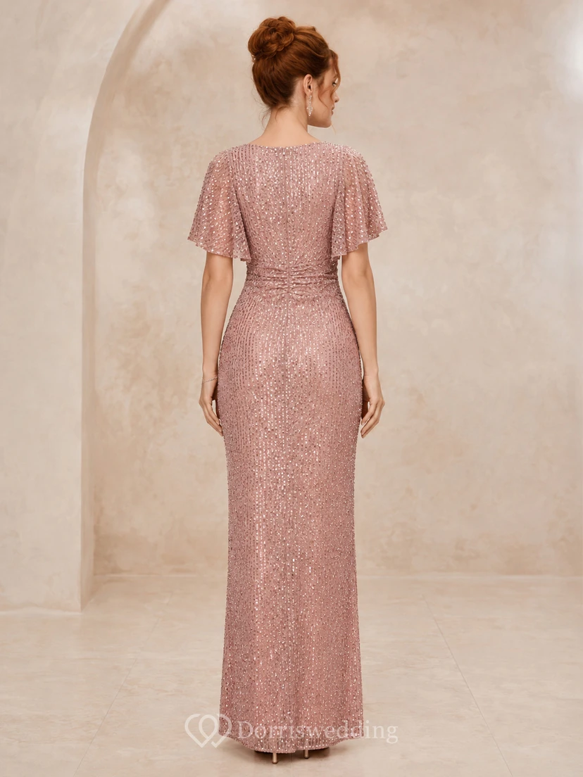 Dusty Rose Sequin Flutter Sleeve Evening Dress view 2