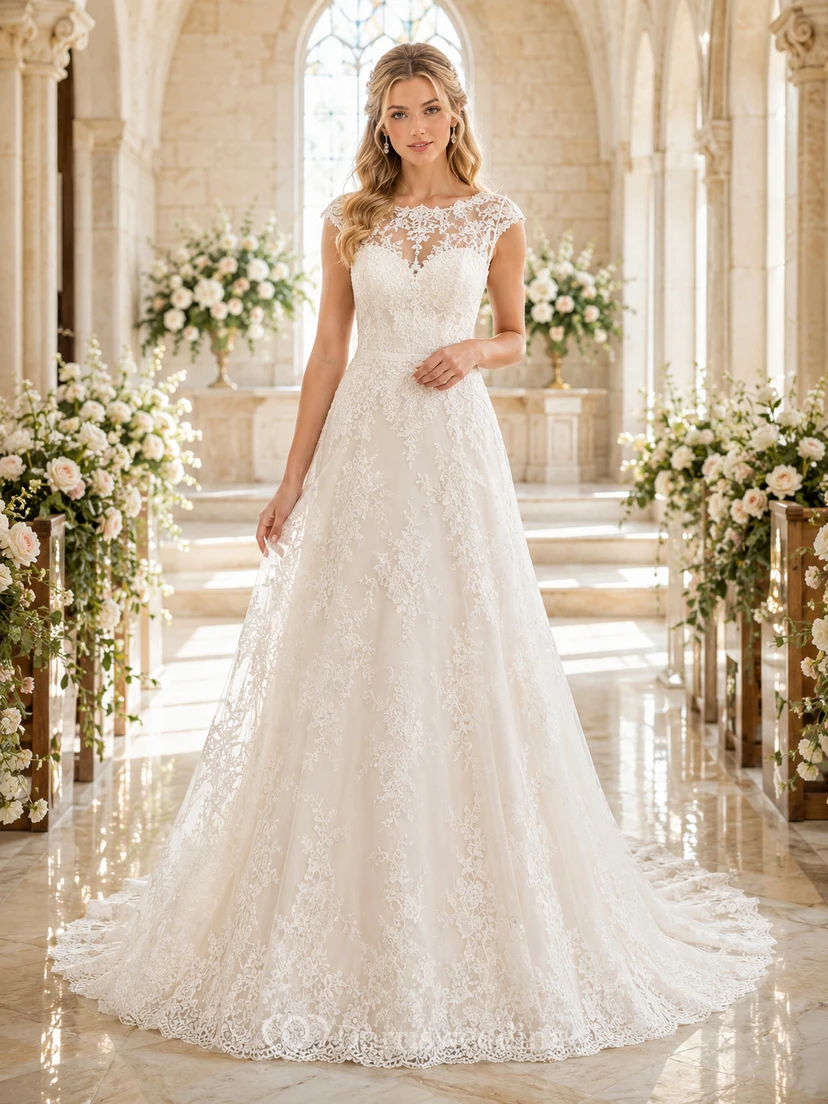 Brautkleid für Kapellenhochzeiten mit bedeckten Schultern und Spitze in A-Linie