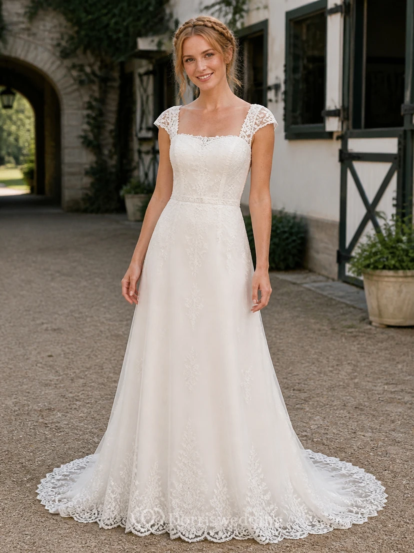 Vestido de novia modesto de manga corta, corte A, escote cuadrado, encaje floral y cola de capilla.