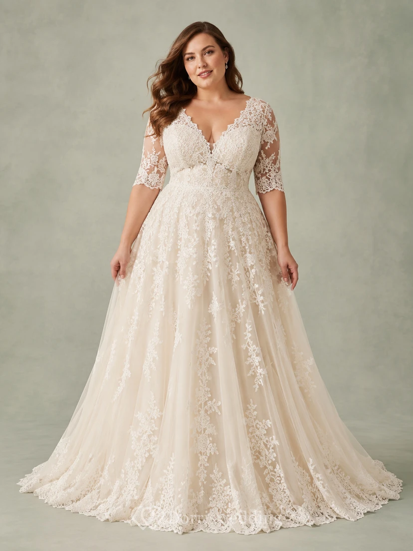 Plus Size V-Neck Lace Sleeve A-Line Bridal Gown