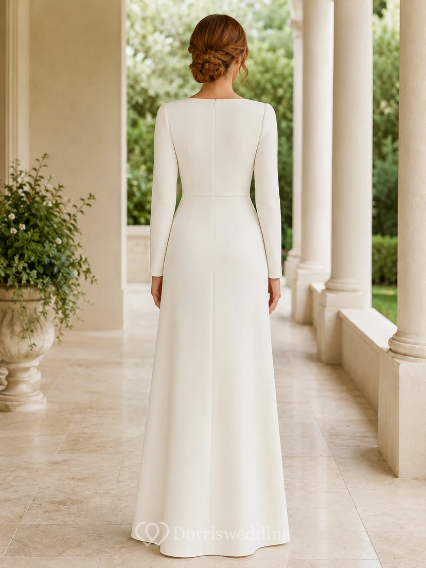 Robe de mariée fourreau Temple Square, longue jusqu'au sol, manches longues, en satin, sobre et simple, style cour. view 2