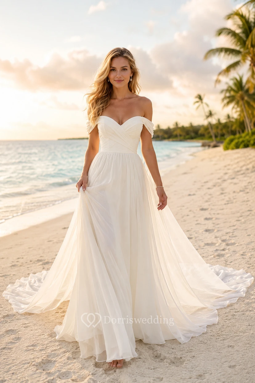 Off-the-Shoulder A-Line Beach Wedding Dress