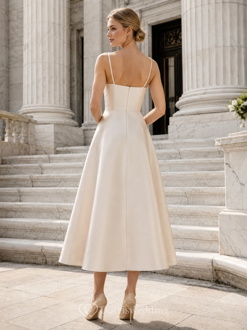 Robe de mariée midi en satin Champagne Courthouse à col carré et coupe trapèze view 2