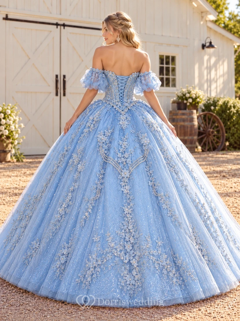 Robe de bal de quinceañera bleu ciel occidental à épaules dénudées et décolleté cœur brodée view 2