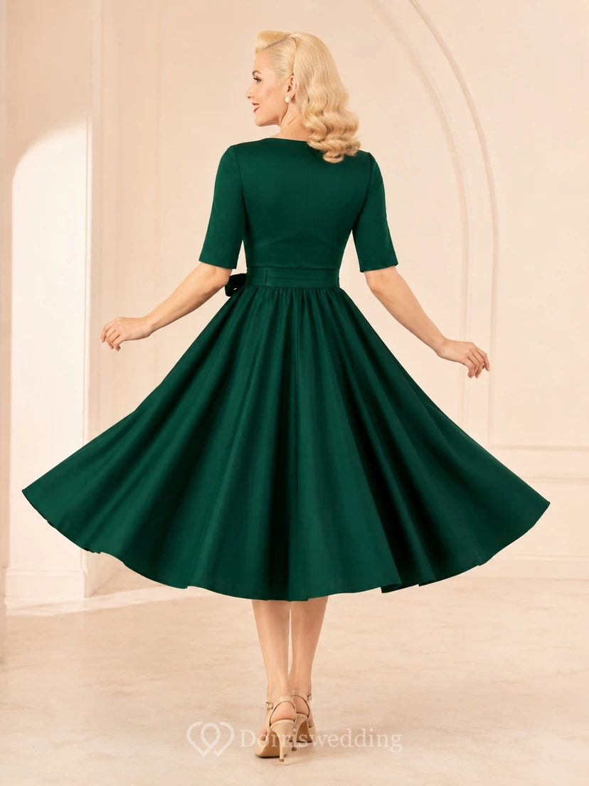 Green Vintage High-Neck Three-Quarter-Sleeve A-Line Tea-Length Dress view 2
