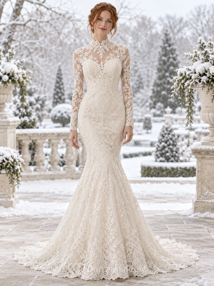 Vestido de novia de sirena con cuello alto, manga larga y cola de encaje de hojas